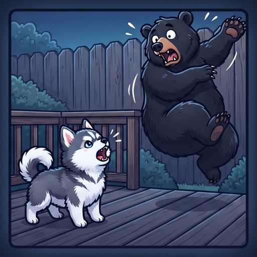 Brave Pom logo: a pomsky barking at a black bear on a fence