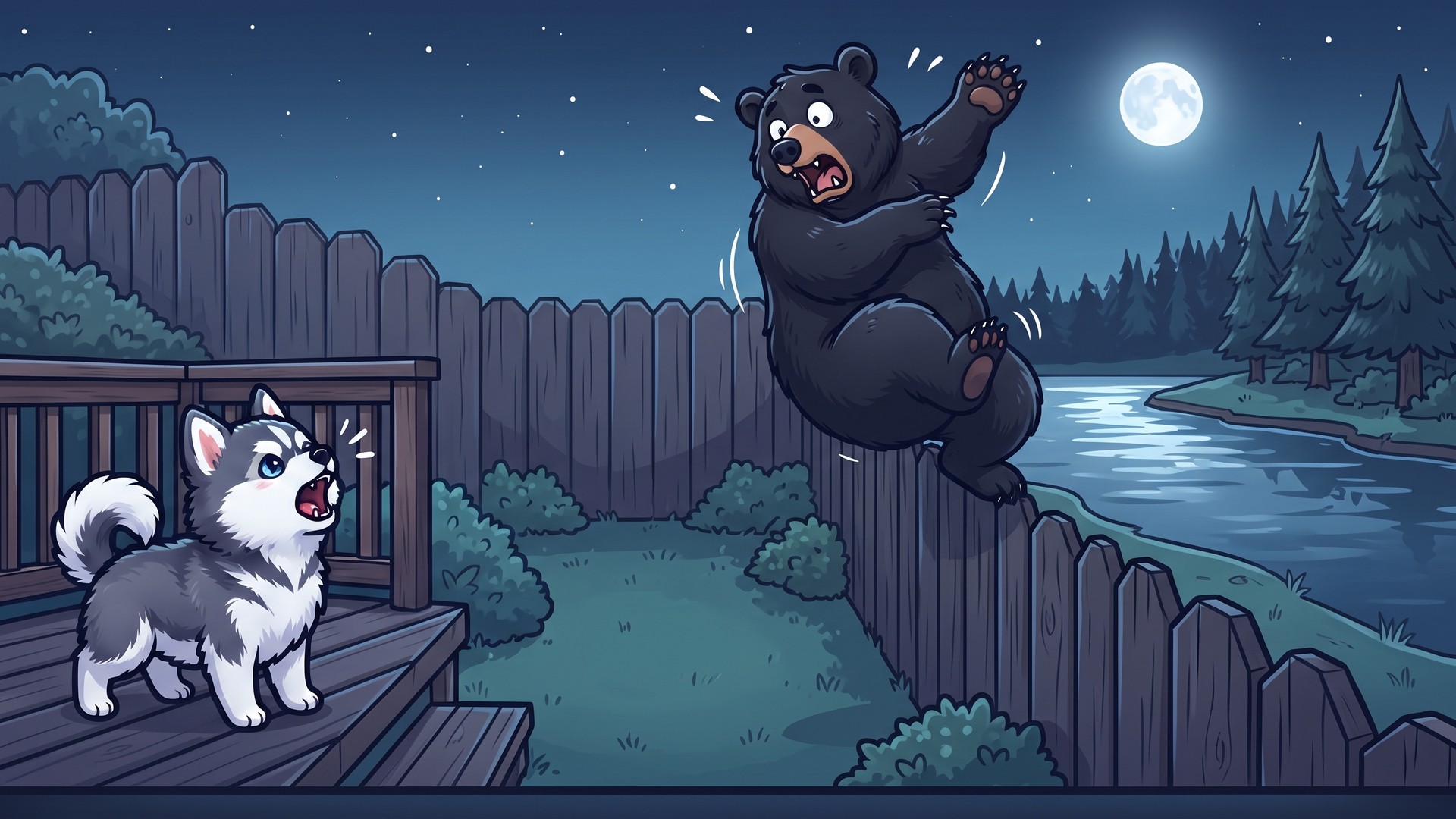 A brave pomsky barks at a startled bear above a moonlit river